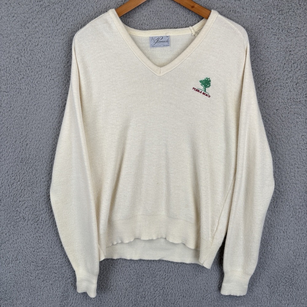 Vintage Pebble Beach Sweater Mens‎ Medium Ivory Embroidered Golf Orlon 80s USA